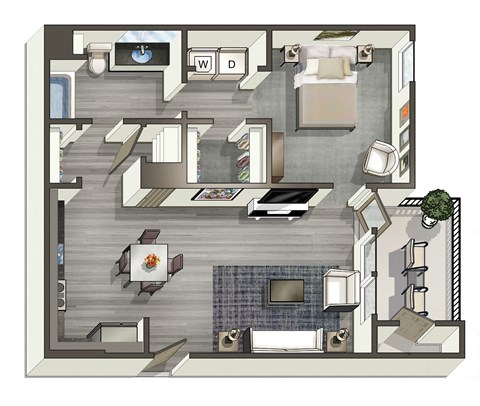Floor plan for 1 bed, 1 bath, 765 sqft